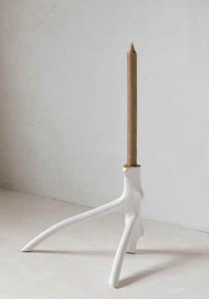 Porta-velas Triplo Galho em Madeira Natural Branco