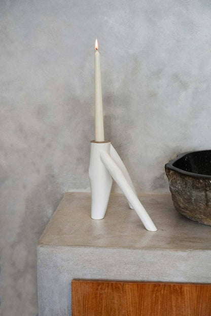 Porta-velas Triplo Galho em Madeira Natural Branco
